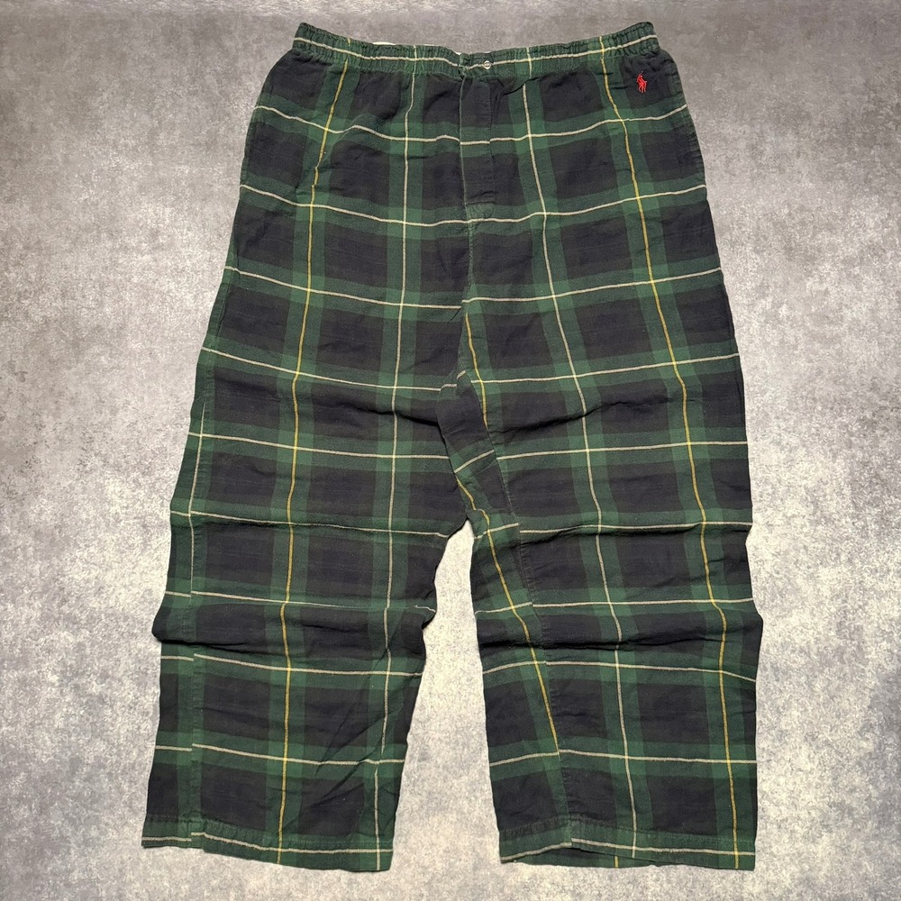 VTG Polo Ralph Lauren Pajama Pants Men XL Green Plaid Cotton Sleep Lounge Bottom